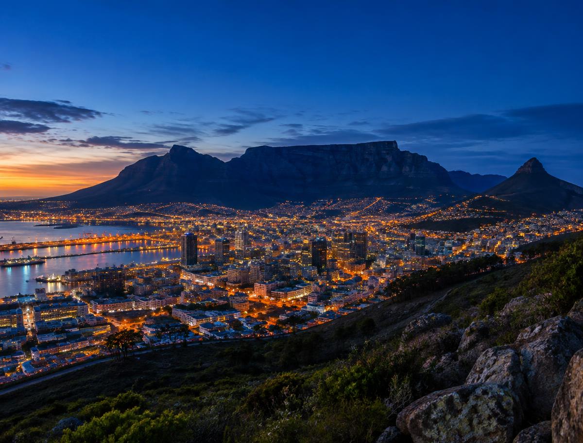 Cape Town city bowl and Table Mountain at dusk