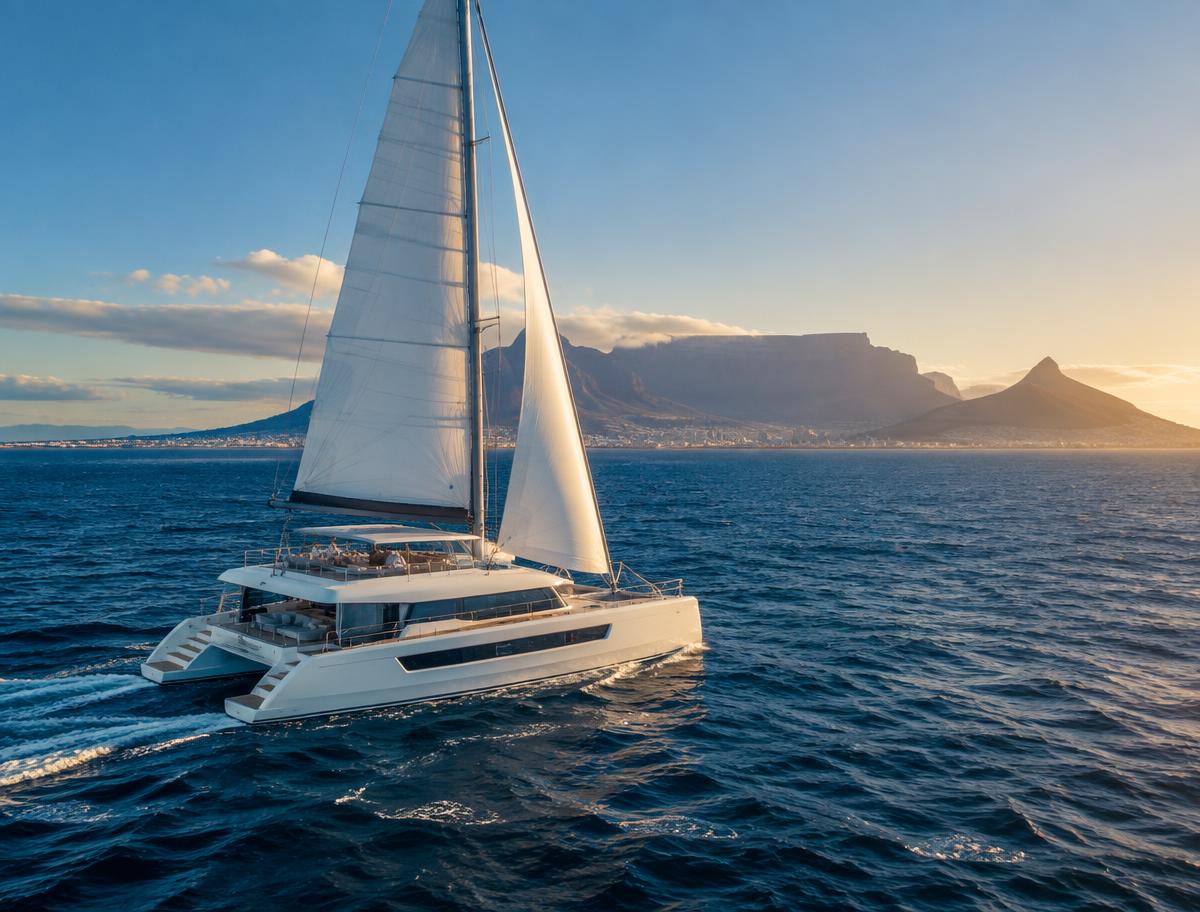 Catamaran sailing on the ocean with Table Mountain behind