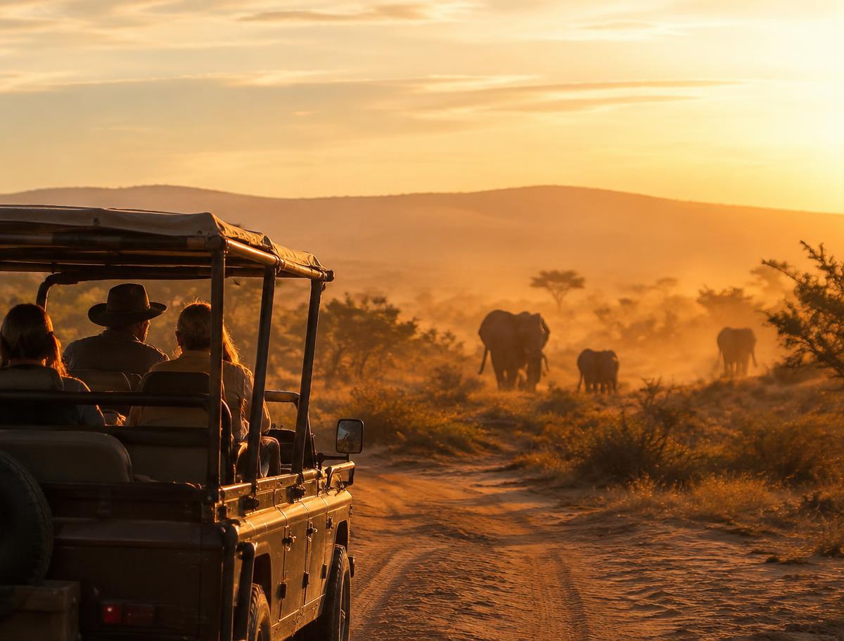 Open game-drive vehicle watching elephants at sunrise