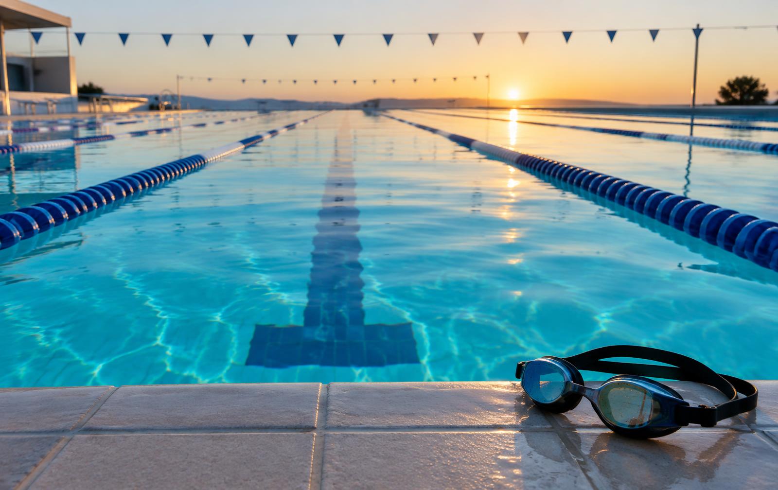 Pool lanes at dawn with goggles resting on the tiled edge